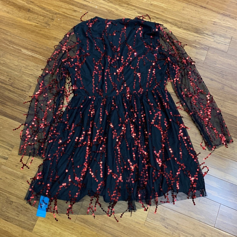 Cupshe Sequin Party Dress Women Size Large Black Red Long Sleeve Mini Mesh Tulle - Picture 4 of 8